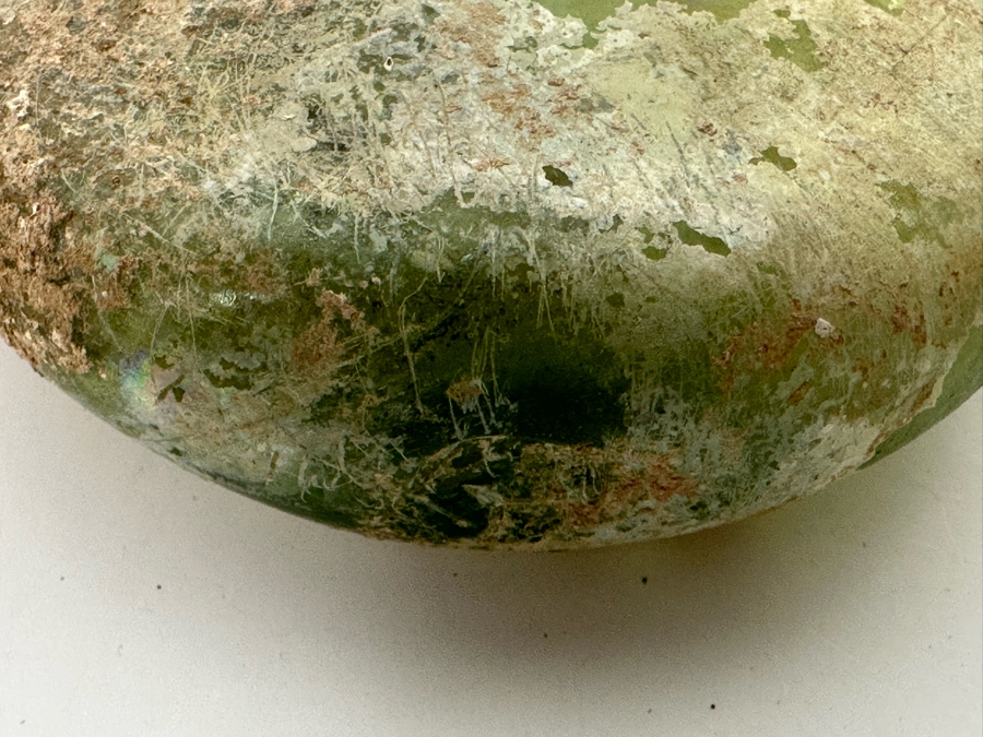 Ancient Roman Iridescent Glass Flat-Bodied Bottle With Stopper Flask Perfume Bottle Recovered Artifact 1-100AD Bottle Is 3.25W X 6H, Stopper 3L [Photo 11]