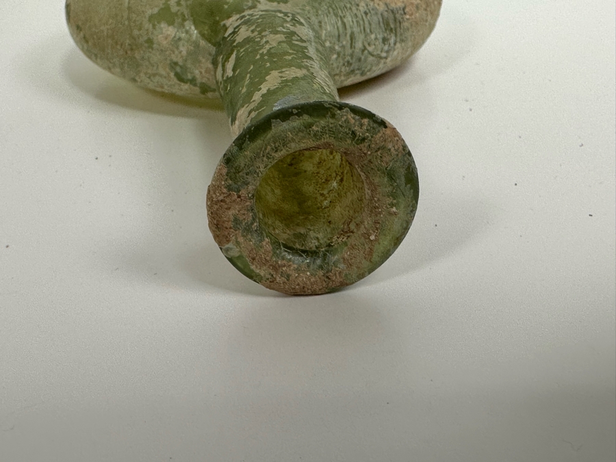 Ancient Roman Iridescent Glass Flat-Bodied Bottle With Stopper Flask Perfume Bottle Recovered Artifact 1-100AD Bottle Is 3.25W X 6H, Stopper 3L [Photo 17]