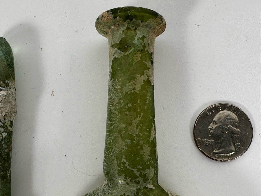 Ancient Roman Iridescent Glass Flat-Bodied Bottle With Stopper Flask Perfume Bottle Recovered Artifact 1-100AD Bottle Is 3.25W X 6H, Stopper 3L [Photo 13]