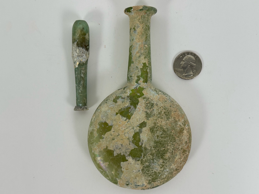 Ancient Roman Iridescent Glass Flat-Bodied Bottle With Stopper Flask Perfume Bottle Recovered Artifact 1-100AD Bottle Is 3.25W X 6H, Stopper 3L [Photo 3]