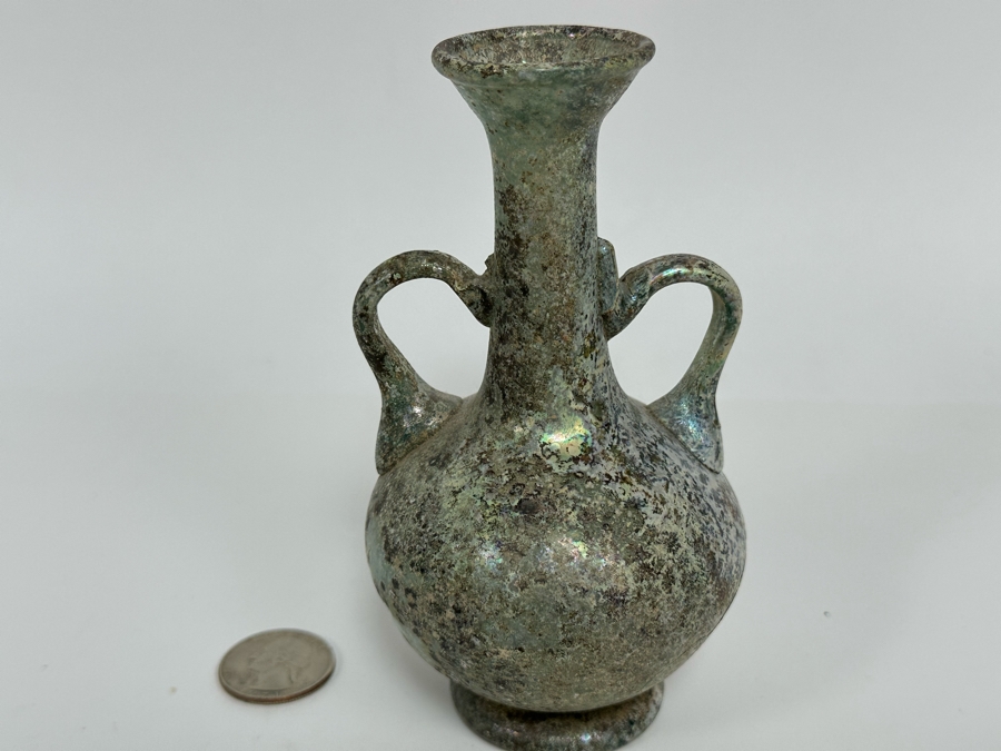 Ancient Roman Iridescent Glass Vessel Double Handled Bottle With Stopper Recovered Artifact 3W X 6H (Side Of Glass Bottle Has Missing Piece) [Photo 15]