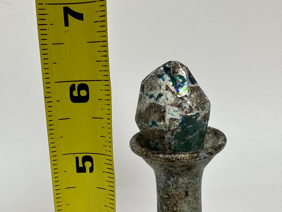 Ancient Roman Iridescent Glass Vessel Double Handled Bottle With Stopper Recovered Artifact 3W X 6H (Side Of Glass Bottle Has Missing Piece) [Photo 19]