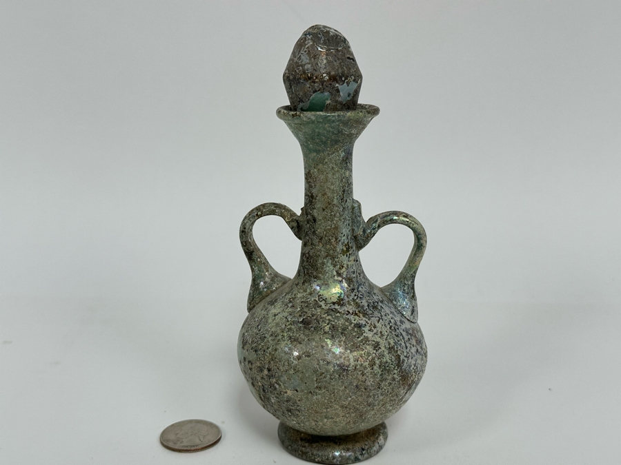 Ancient Roman Iridescent Glass Vessel Double Handled Bottle With Stopper Recovered Artifact 3W X 6H (Side Of Glass Bottle Has Missing Piece) [Photo 9]