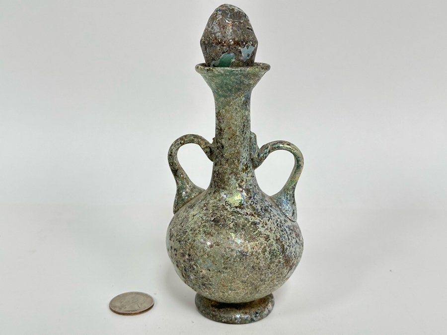 Ancient Roman Iridescent Glass Vessel Double Handled Bottle With Stopper Recovered Artifact 3W X 6H (Side Of Glass Bottle Has Missing Piece) [Photo 10]
