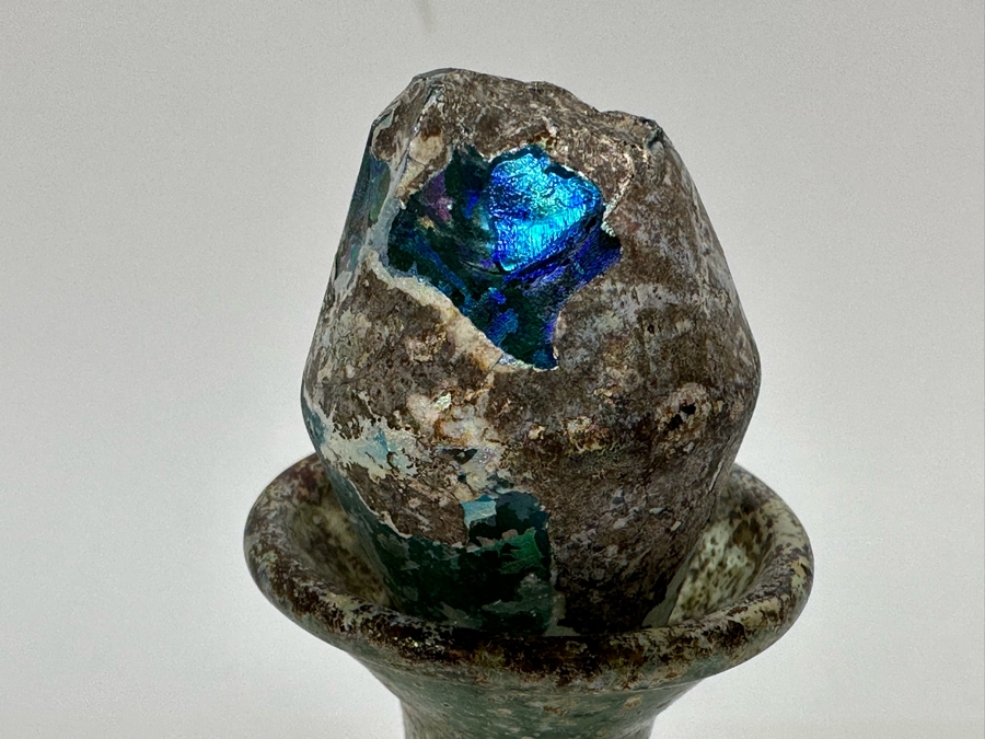 Ancient Roman Iridescent Glass Vessel Double Handled Bottle With Stopper Recovered Artifact 3W X 6H (Side Of Glass Bottle Has Missing Piece) [Photo 2]