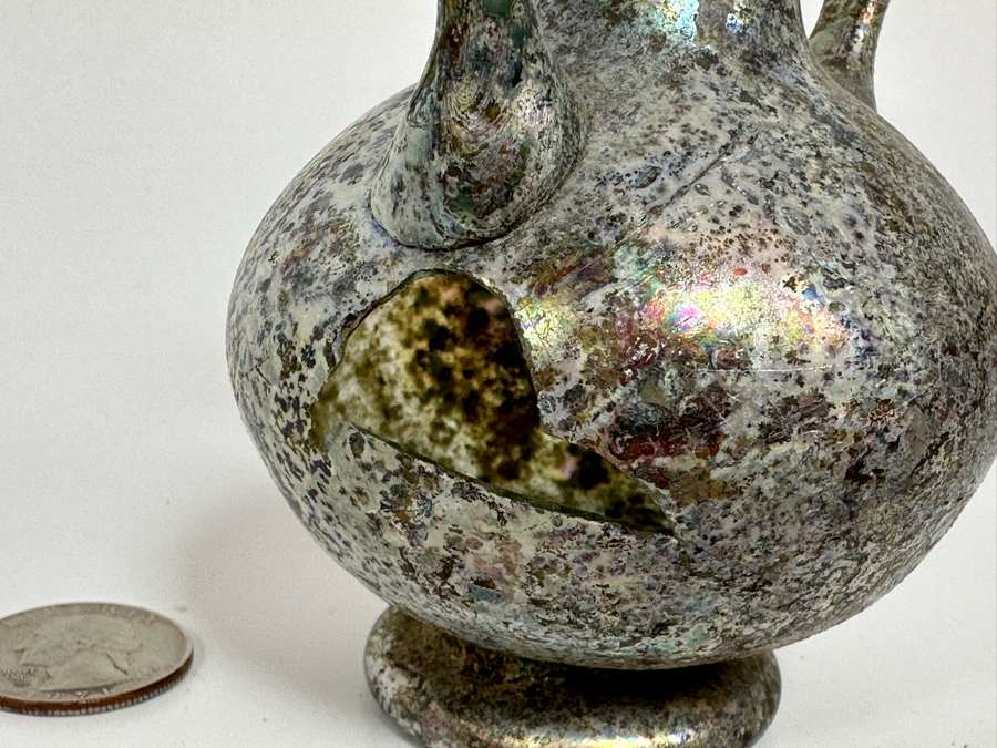 Ancient Roman Iridescent Glass Vessel Double Handled Bottle With Stopper Recovered Artifact 3W X 6H (Side Of Glass Bottle Has Missing Piece) [Photo 8]