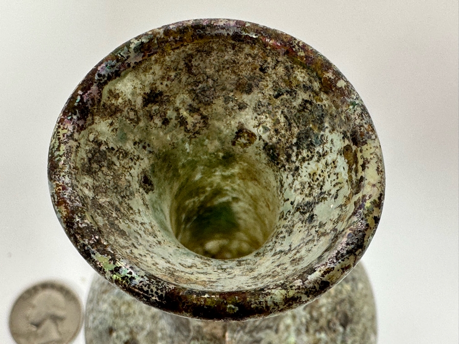 Ancient Roman Iridescent Glass Vessel Double Handled Bottle With Stopper Recovered Artifact 3W X 6H (Side Of Glass Bottle Has Missing Piece) [Photo 13]