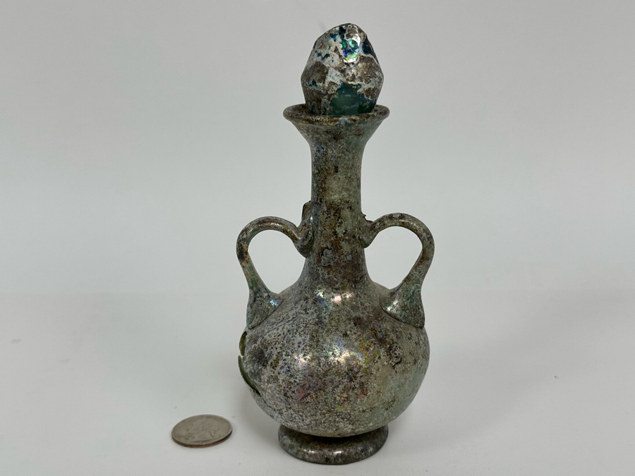 Ancient Roman Iridescent Glass Vessel Double Handled Bottle With Stopper Recovered Artifact 3W X 6H (Side Of Glass Bottle Has Missing Piece) [Photo 4]