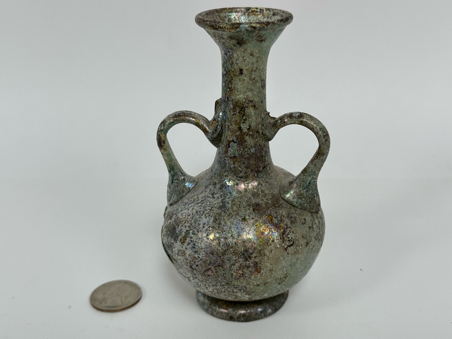 Ancient Roman Iridescent Glass Vessel Double Handled Bottle With Stopper Recovered Artifact 3W X 6H (Side Of Glass Bottle Has Missing Piece) [Photo 17]