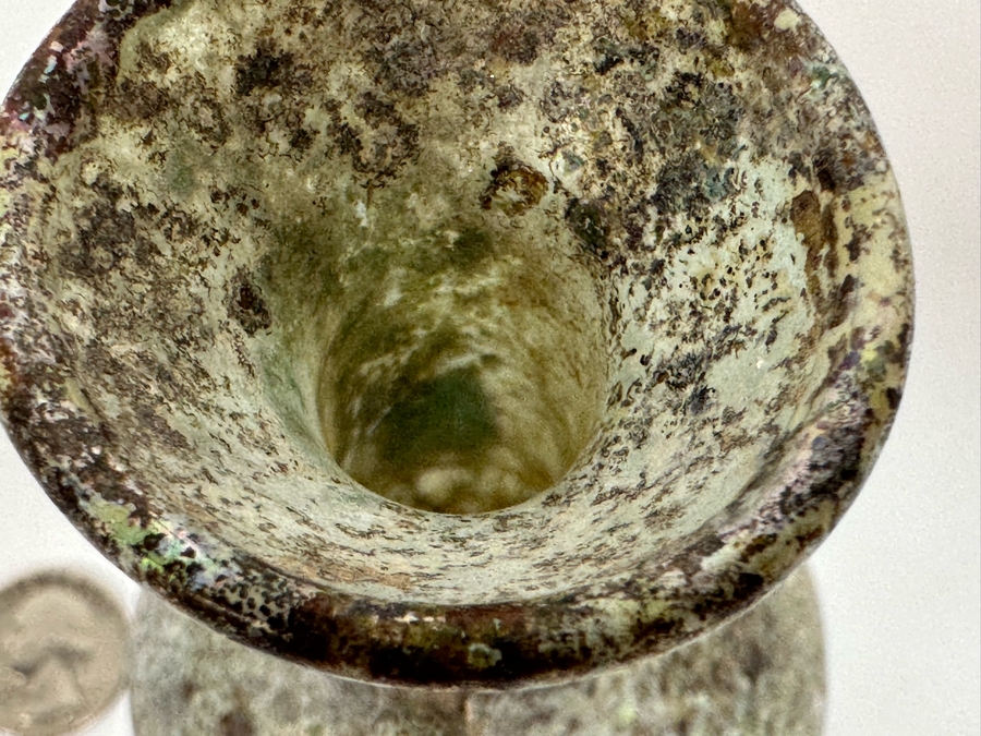 Ancient Roman Iridescent Glass Vessel Double Handled Bottle With Stopper Recovered Artifact 3W X 6H (Side Of Glass Bottle Has Missing Piece) [Photo 14]