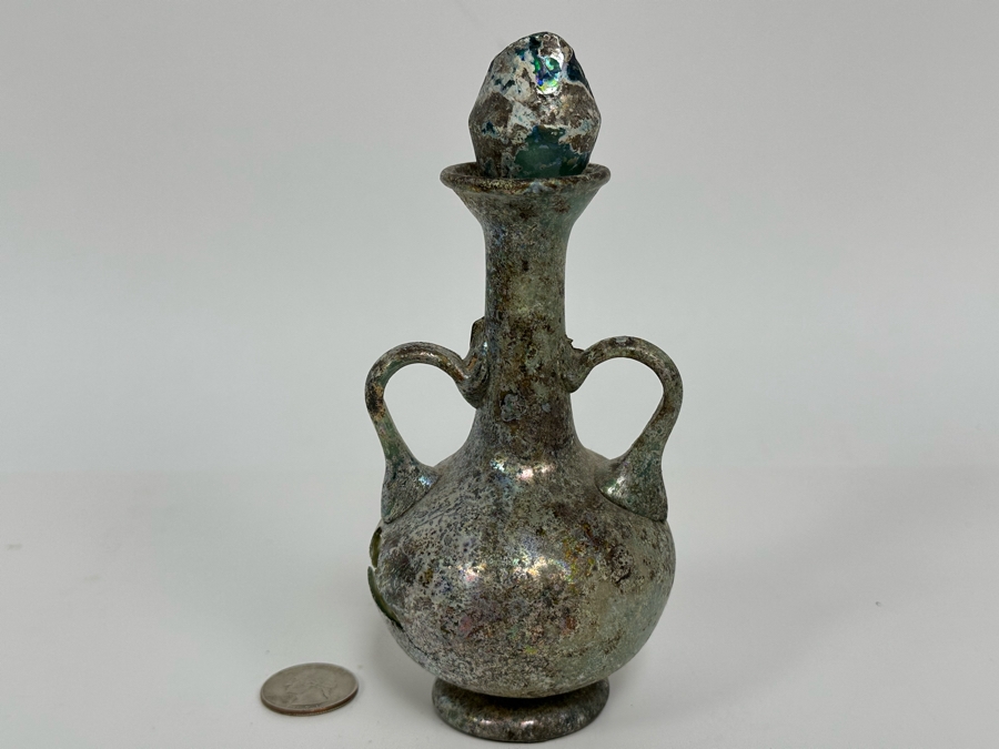 Ancient Roman Iridescent Glass Vessel Double Handled Bottle With Stopper Recovered Artifact 3W X 6H (Side Of Glass Bottle Has Missing Piece) [Photo 5]