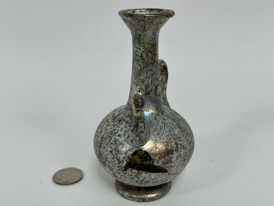 Ancient Roman Iridescent Glass Vessel Double Handled Bottle With Stopper Recovered Artifact 3W X 6H (Side Of Glass Bottle Has Missing Piece) [Photo 18]
