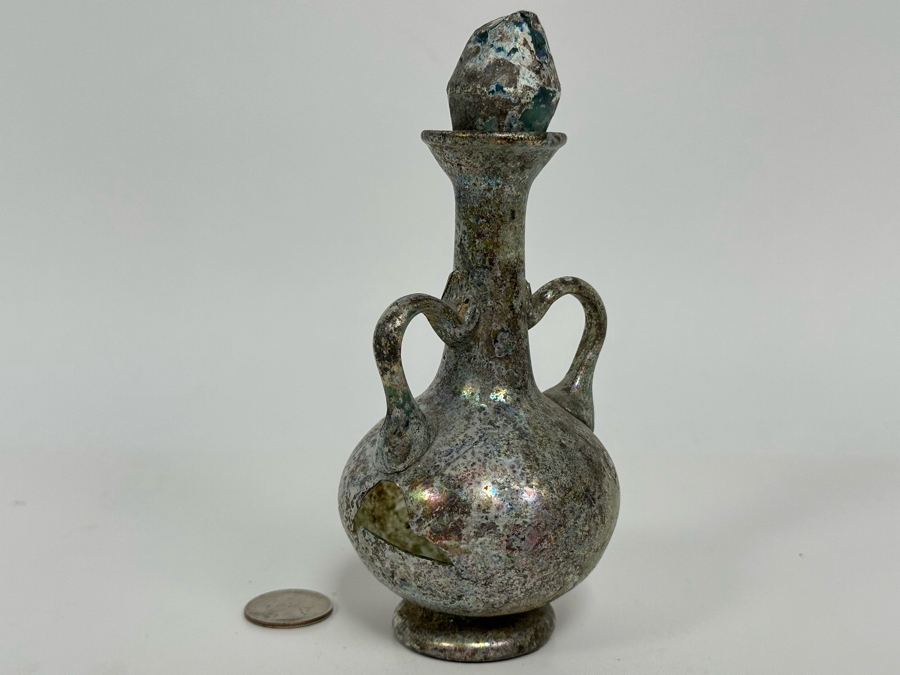 Ancient Roman Iridescent Glass Vessel Double Handled Bottle With Stopper Recovered Artifact 3W X 6H (Side Of Glass Bottle Has Missing Piece) [Photo 6]