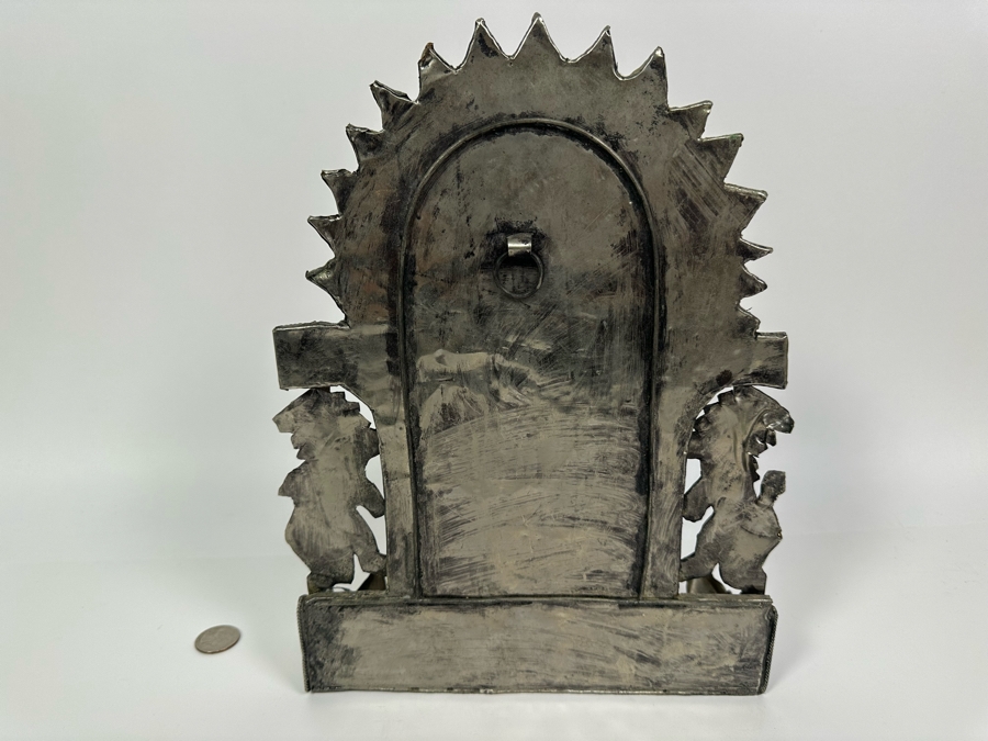 Vintage Moroccan Menorah Hanukkah Oil Lamp Featuring Hinged Doors With Lion Guardians And Ten Commandments In Arched Frieze Panel 9W X 3D X 12H [Photo 8]
