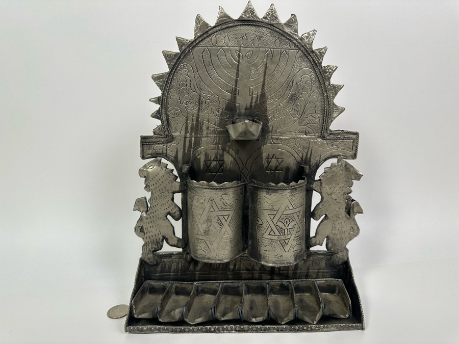 Vintage Moroccan Menorah Hanukkah Oil Lamp Featuring Hinged Doors With Lion Guardians And Ten Commandments In Arched Frieze Panel 9W X 3D X 12H [Photo 3]