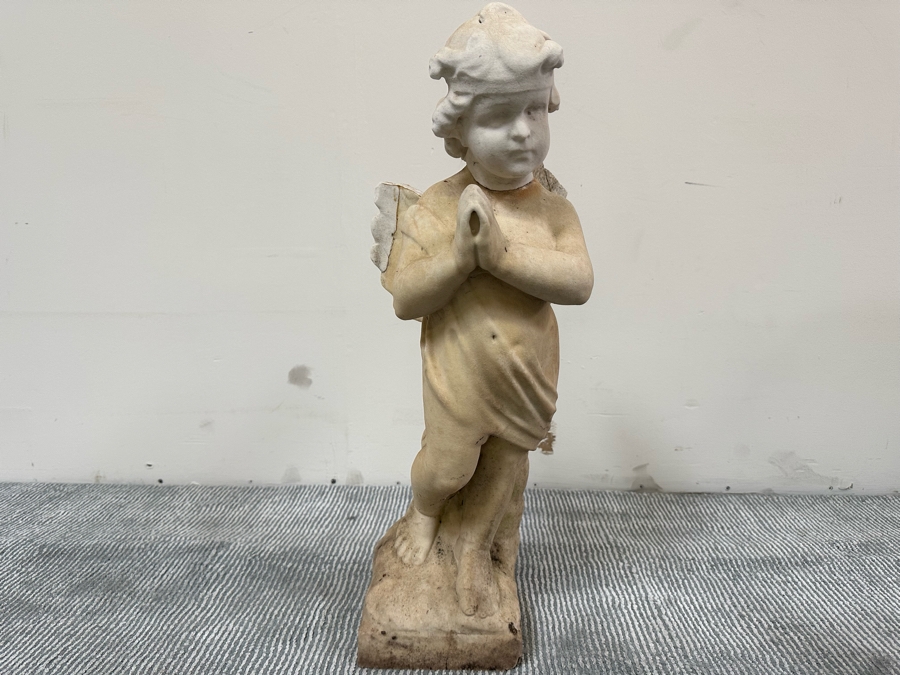 Vintage Carved Stone Cherub Angel Garden Statuary With Broken Wings - See Photos 9W X 10D X 25H [Photo 4]