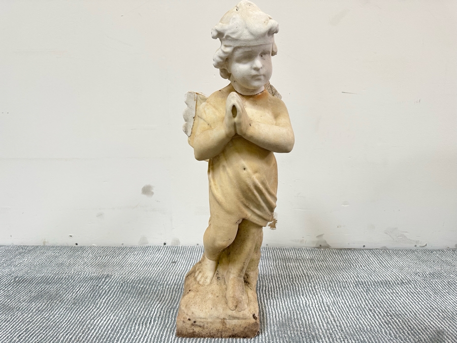 Vintage Carved Stone Cherub Angel Garden Statuary With Broken Wings - See Photos 9W X 10D X 25H [Photo 3]