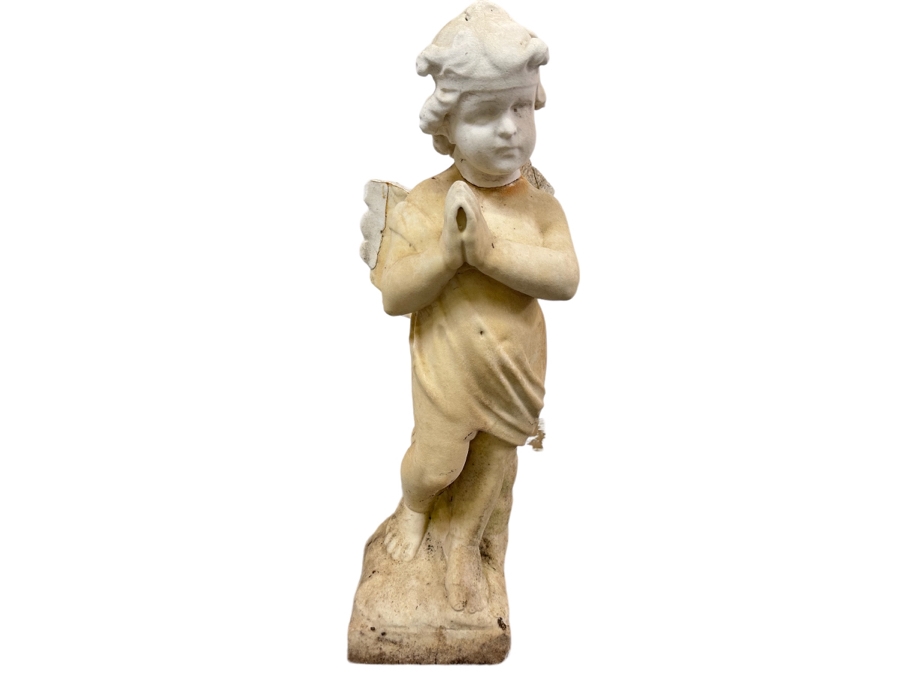 Vintage Carved Stone Cherub Angel Garden Statuary With Broken Wings - See Photos 9W X 10D X 25H [Photo 1]