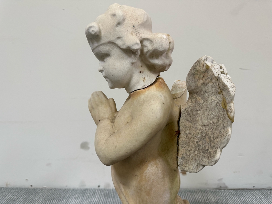 Vintage Carved Stone Cherub Angel Garden Statuary With Broken Wings - See Photos 9W X 10D X 25H [Photo 16]
