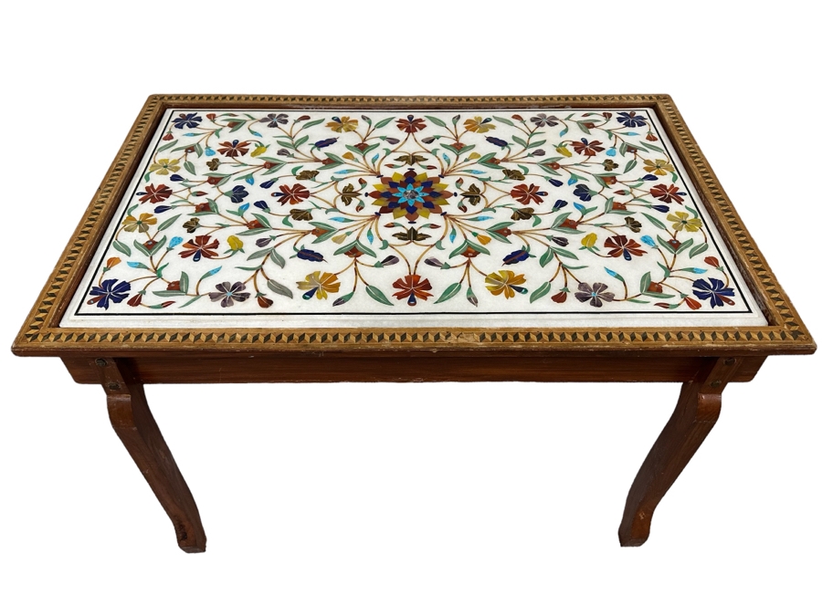 Impressive Vintage Inlaid Semi-Precious Stones Marble Coffee Table With Wooden Base Made In India 30W X 25D X 21.5H [Photo 1]