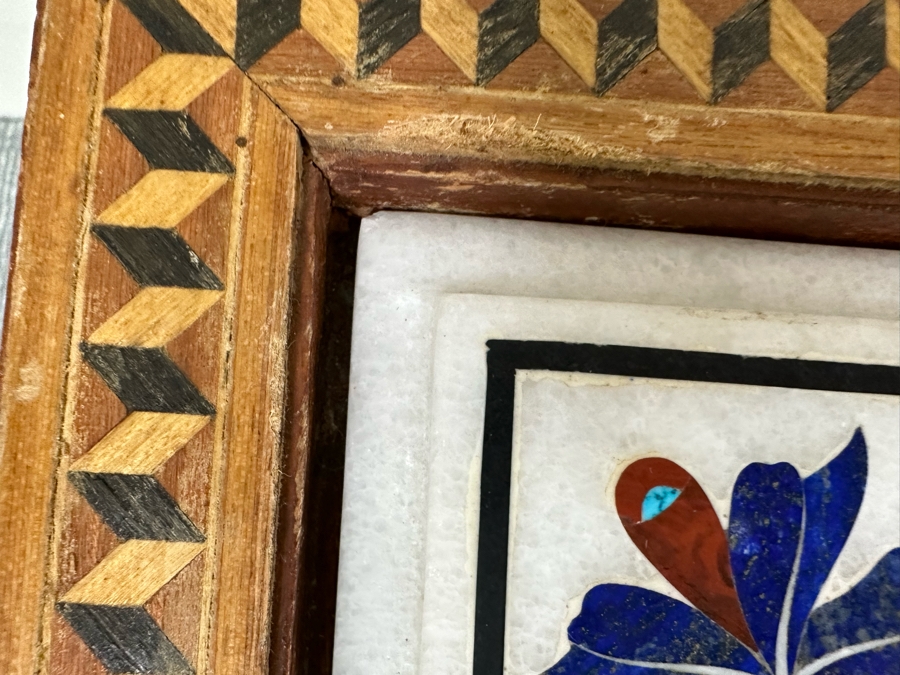 Impressive Vintage Inlaid Semi-Precious Stones Marble Coffee Table With Wooden Base Made In India 30W X 25D X 21.5H [Photo 16]