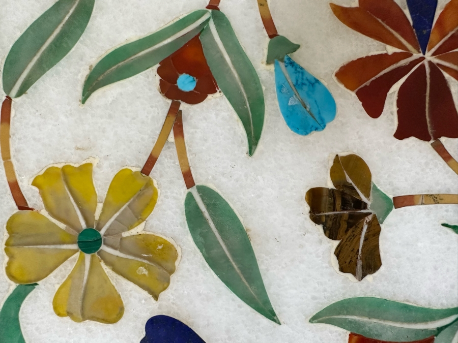 Impressive Vintage Inlaid Semi-Precious Stones Marble Coffee Table With Wooden Base Made In India 30W X 25D X 21.5H [Photo 17]