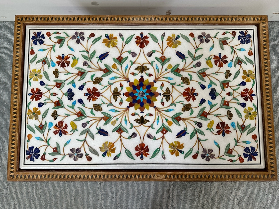 Impressive Vintage Inlaid Semi-Precious Stones Marble Coffee Table With Wooden Base Made In India 30W X 25D X 21.5H [Photo 4]