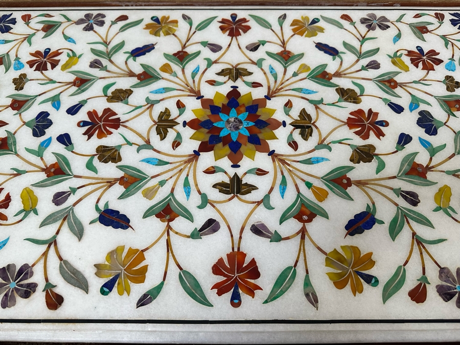 Impressive Vintage Inlaid Semi-Precious Stones Marble Coffee Table With Wooden Base Made In India 30W X 25D X 21.5H [Photo 7]