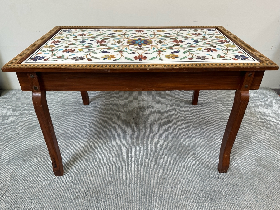 Impressive Vintage Inlaid Semi-Precious Stones Marble Coffee Table With Wooden Base Made In India 30W X 25D X 21.5H [Photo 11]