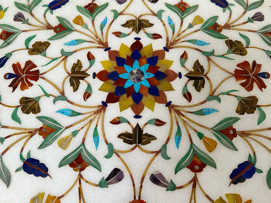 Impressive Vintage Inlaid Semi-Precious Stones Marble Coffee Table With Wooden Base Made In India 30W X 25D X 21.5H [Photo 6]