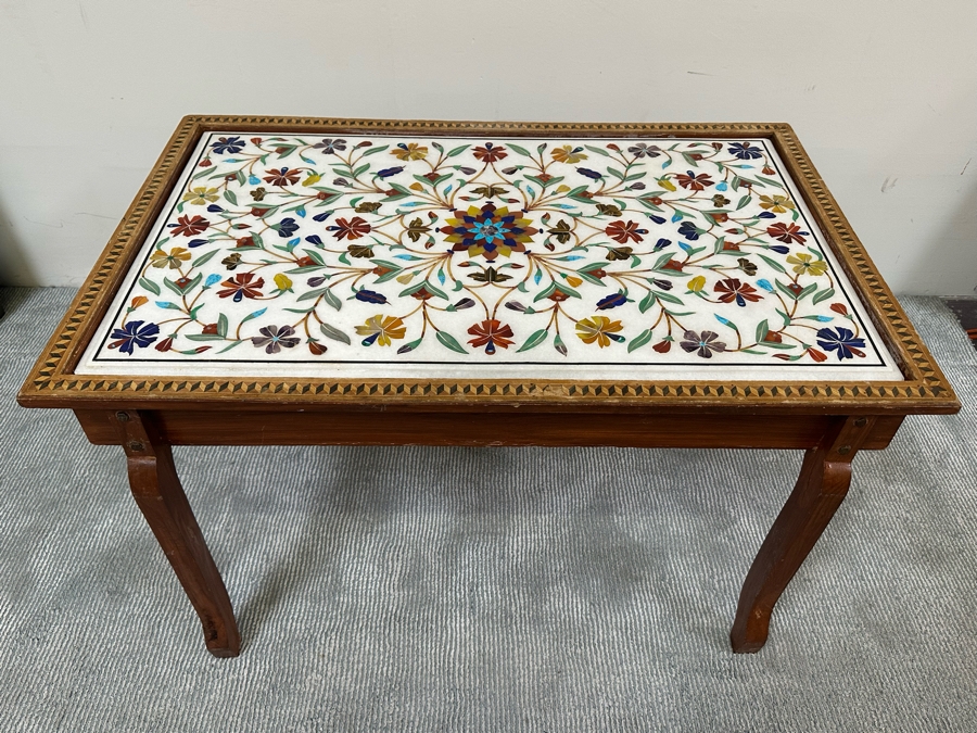Impressive Vintage Inlaid Semi-Precious Stones Marble Coffee Table With Wooden Base Made In India 30W X 25D X 21.5H [Photo 2]