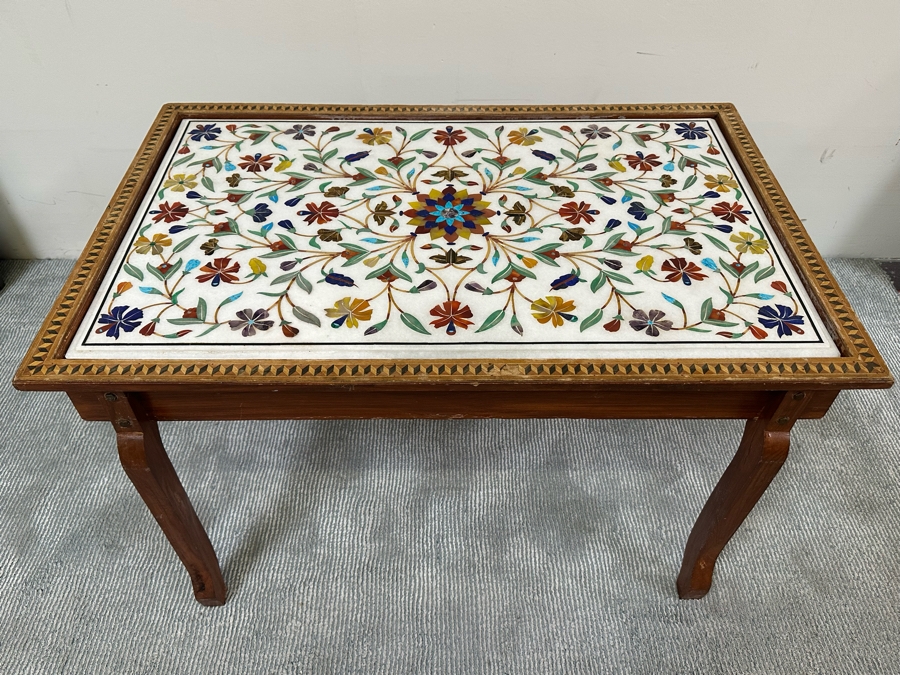 Impressive Vintage Inlaid Semi-Precious Stones Marble Coffee Table With Wooden Base Made In India 30W X 25D X 21.5H [Photo 3]