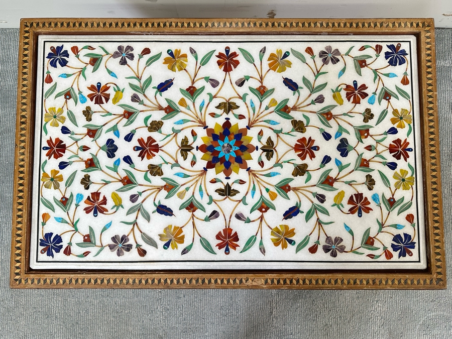 Impressive Vintage Inlaid Semi-Precious Stones Marble Coffee Table With Wooden Base Made In India 30W X 25D X 21.5H [Photo 5]