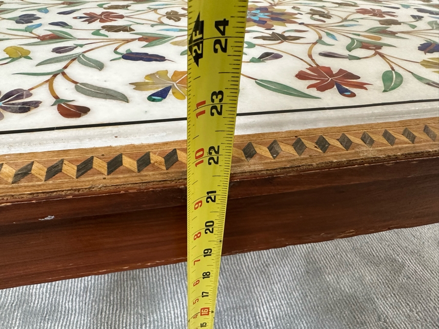 Impressive Vintage Inlaid Semi-Precious Stones Marble Coffee Table With Wooden Base Made In India 30W X 25D X 21.5H [Photo 20]