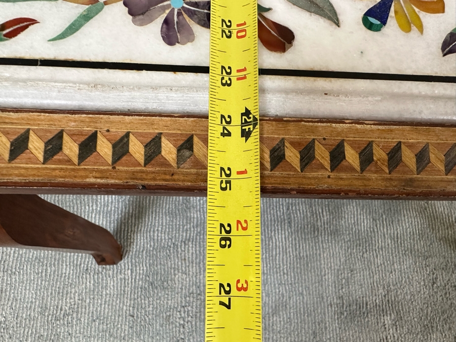 Impressive Vintage Inlaid Semi-Precious Stones Marble Coffee Table With Wooden Base Made In India 30W X 25D X 21.5H [Photo 19]