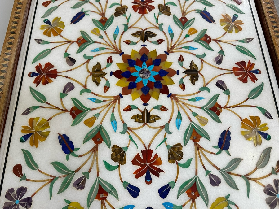 Impressive Vintage Inlaid Semi-Precious Stones Marble Coffee Table With Wooden Base Made In India 30W X 25D X 21.5H [Photo 10]