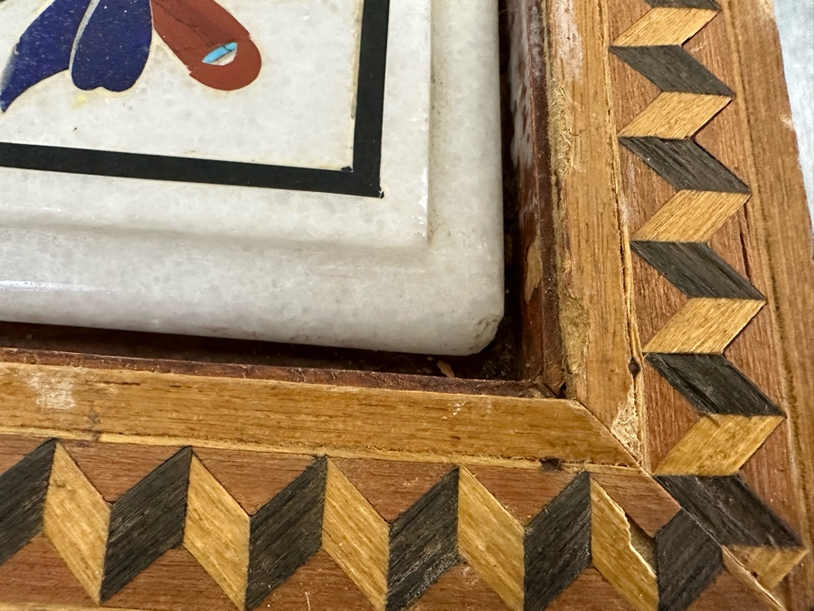 Impressive Vintage Inlaid Semi-Precious Stones Marble Coffee Table With Wooden Base Made In India 30W X 25D X 21.5H [Photo 13]