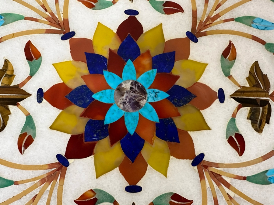 Impressive Vintage Inlaid Semi-Precious Stones Marble Coffee Table With Wooden Base Made In India 30W X 25D X 21.5H [Photo 9]