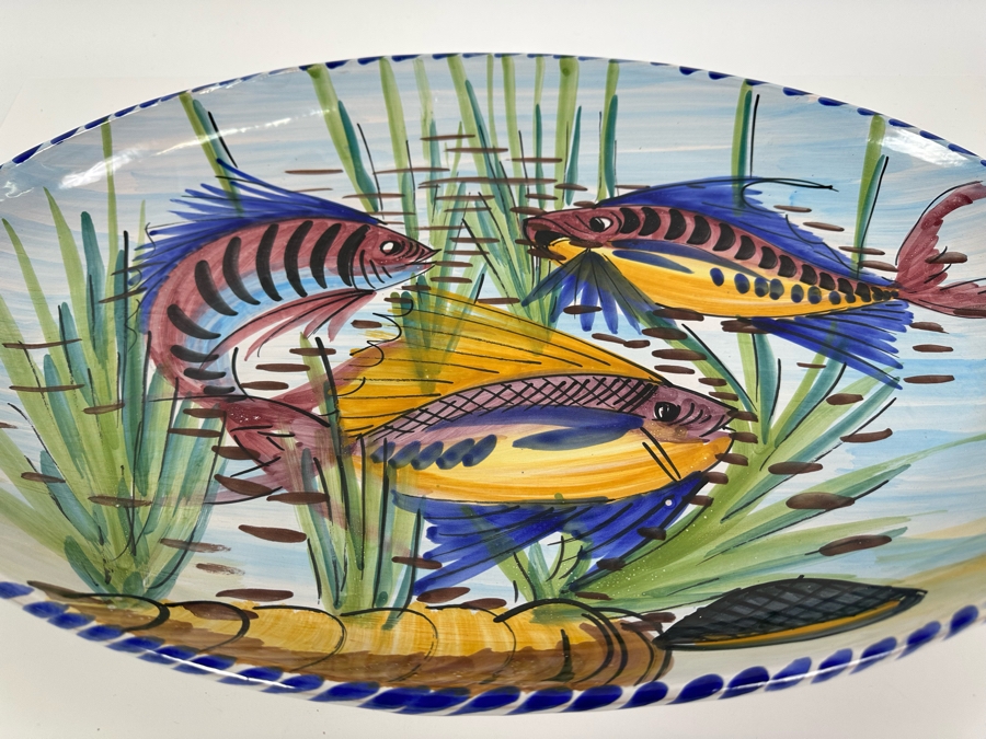Large Vietri Italy Hand Painted Oval Ceramic Serving Platter With Fish 24W X 15D X 2 1/4H [Photo 4]