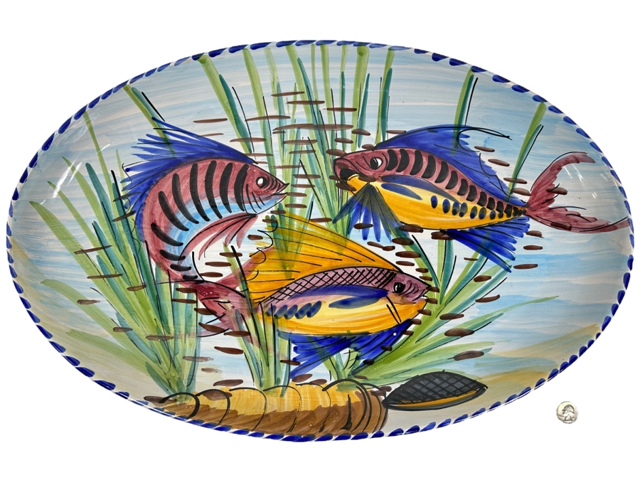 Large Vietri Italy Hand Painted Oval Ceramic Serving Platter With Fish 24W X 15D X 2 1/4H [Photo 1]