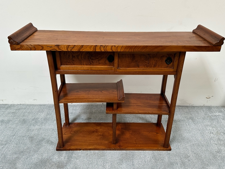 Unusual Chinese / Korean Altar Table Etagere Cabinet With Writing On Inside Of Doors 46.5W X 13D X 34H [Photo 4]