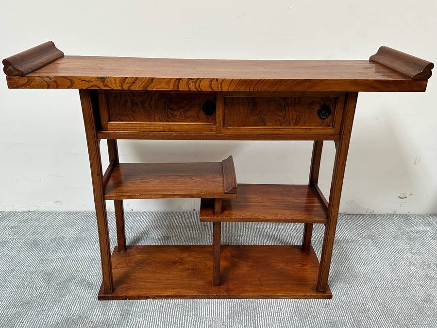 Unusual Chinese / Korean Altar Table Etagere Cabinet With Writing On Inside Of Doors 46.5W X 13D X 34H [Photo 2]