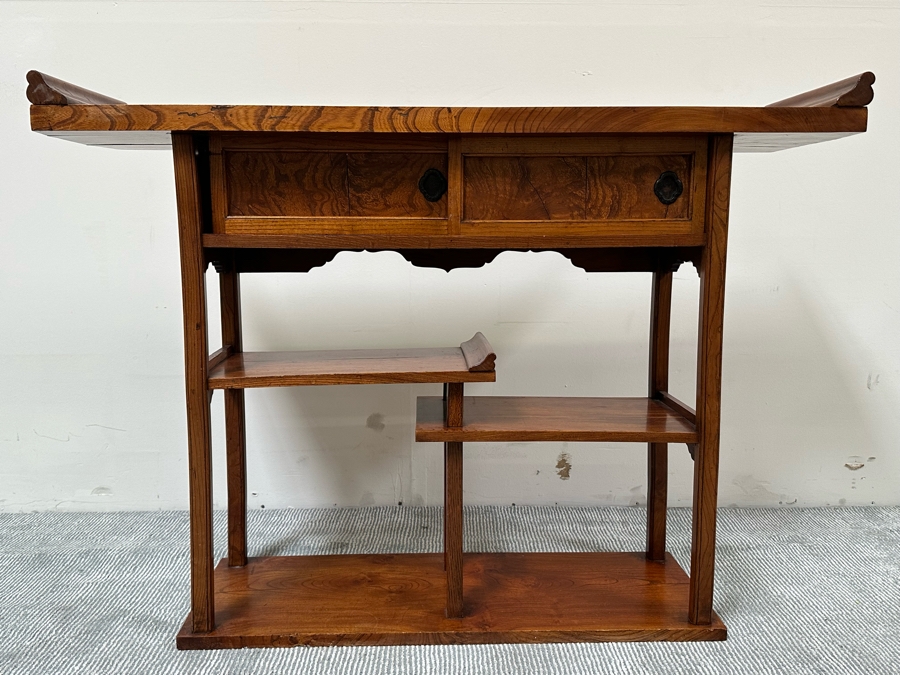 Unusual Chinese / Korean Altar Table Etagere Cabinet With Writing On Inside Of Doors 46.5W X 13D X 34H [Photo 5]