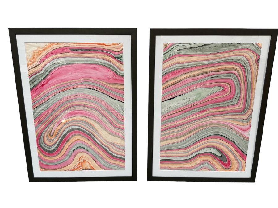 Pair Of Original Colorful Geode Marbling Paintings On Paper 24 X 36 Framed 31.5 X 43.5 [Photo 1]