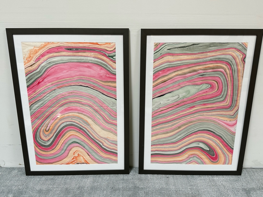Pair Of Original Colorful Geode Marbling Paintings On Paper 24 X 36 Framed 31.5 X 43.5 [Photo 2]