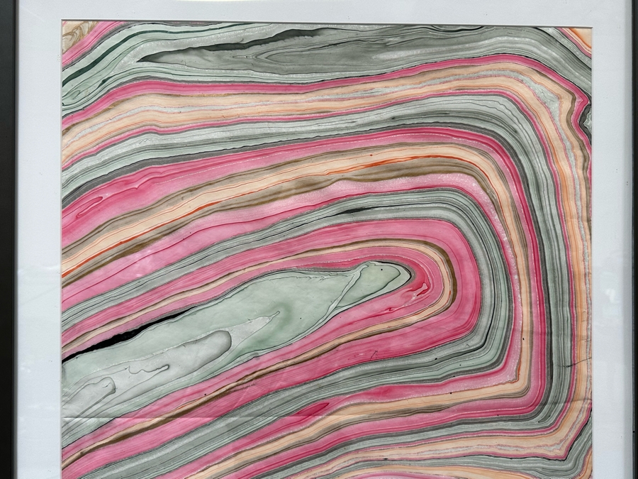 Pair Of Original Colorful Geode Marbling Paintings On Paper 24 X 36 Framed 31.5 X 43.5 [Photo 6]