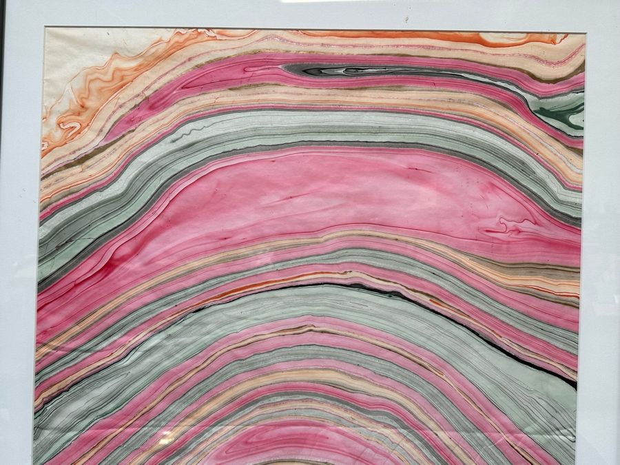 Pair Of Original Colorful Geode Marbling Paintings On Paper 24 X 36 Framed 31.5 X 43.5 [Photo 9]