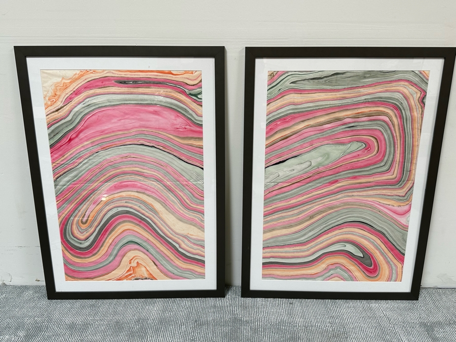 Pair Of Original Colorful Geode Marbling Paintings On Paper 24 X 36 Framed 31.5 X 43.5 [Photo 3]