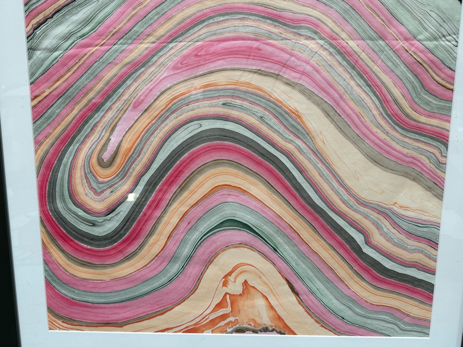 Pair Of Original Colorful Geode Marbling Paintings On Paper 24 X 36 Framed 31.5 X 43.5 [Photo 8]