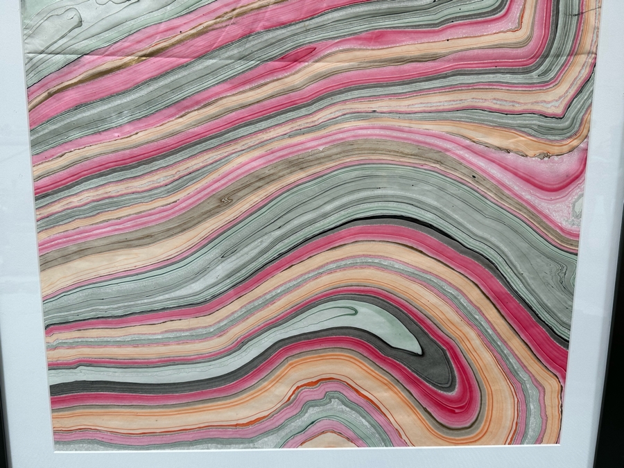 Pair Of Original Colorful Geode Marbling Paintings On Paper 24 X 36 Framed 31.5 X 43.5 [Photo 5]